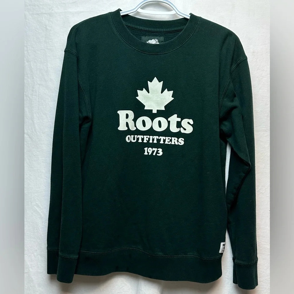 Roots Green Crewneck Sweatshirt XS Women Logo Graphic Pullover Cozy Casual - Picture 3 of 7